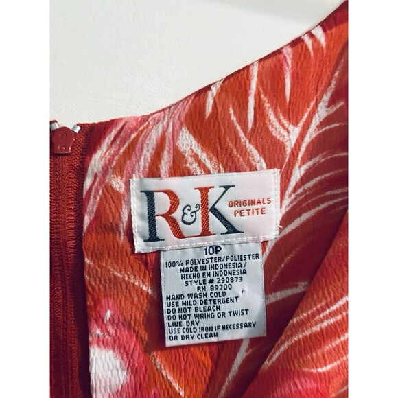 R K Originals Dress 10P Petites Red Pink Faux Wrap Tropical Floral Sleeveless - Picture 14 of 16